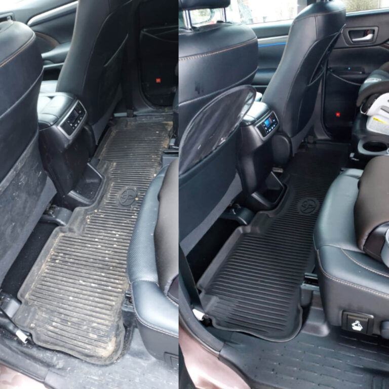 Side-by-side comparison of a car's backseat area showing a dramatic transformation. The left image displays a dirty car floor and seats, while the right image showcases the same space after professional detailing, with clean surfaces and an organized appearance. Highlighting the benefits of car detailing being a clutter-free gift anyone can use.