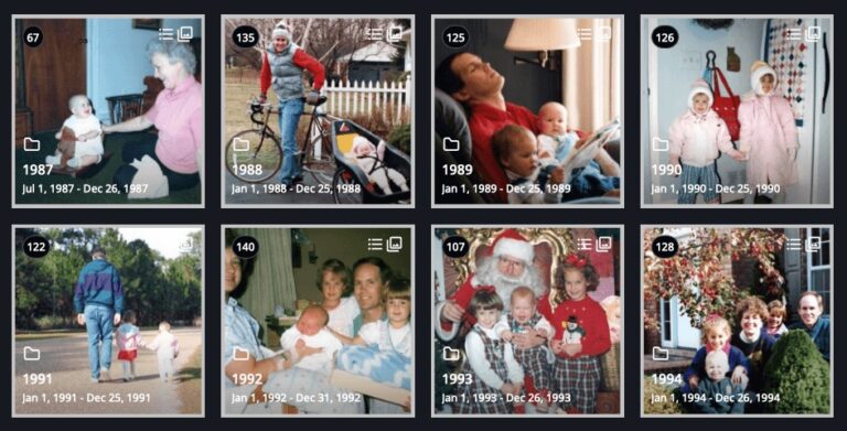 Digitized family photos organized by year from 1987–1994 in a digital photo library after professional photo scanning and photo organizing.